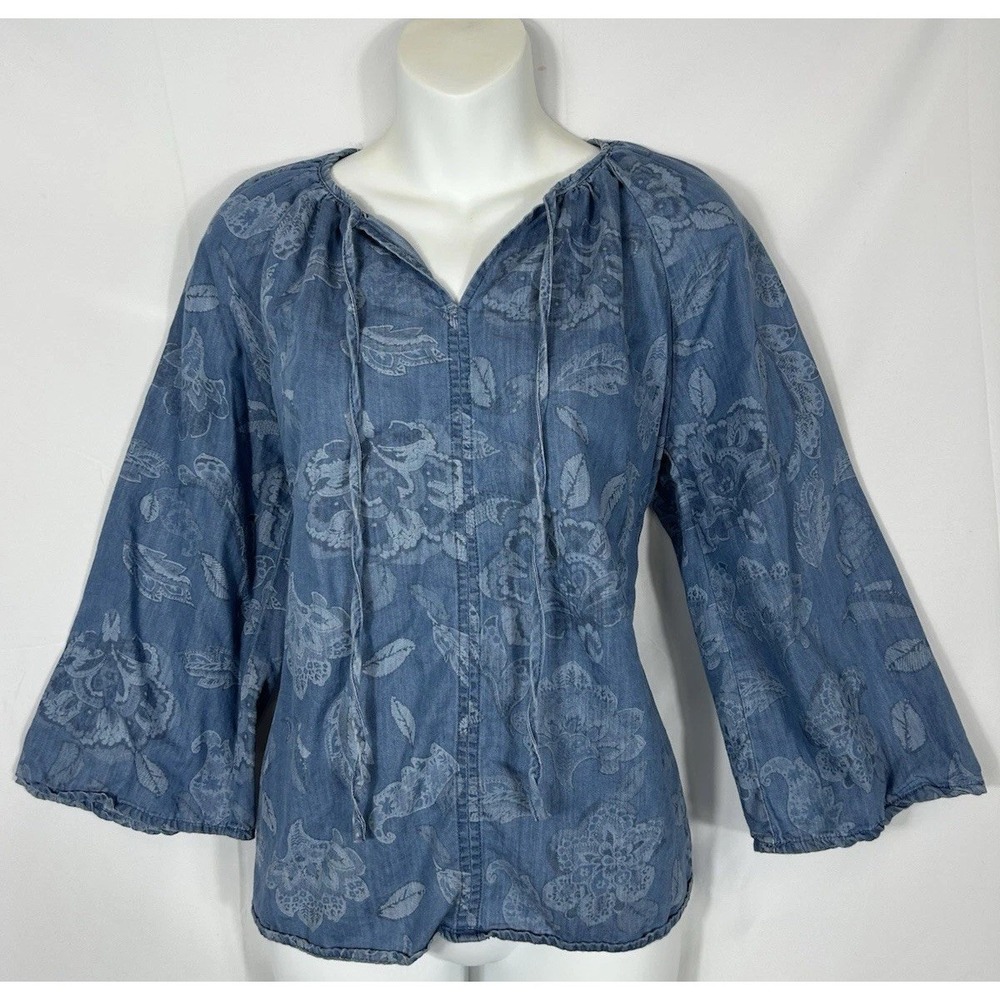 Cato Womens Floral Chambray Denim Peasent Top Size M Bohemian Earthy Country
